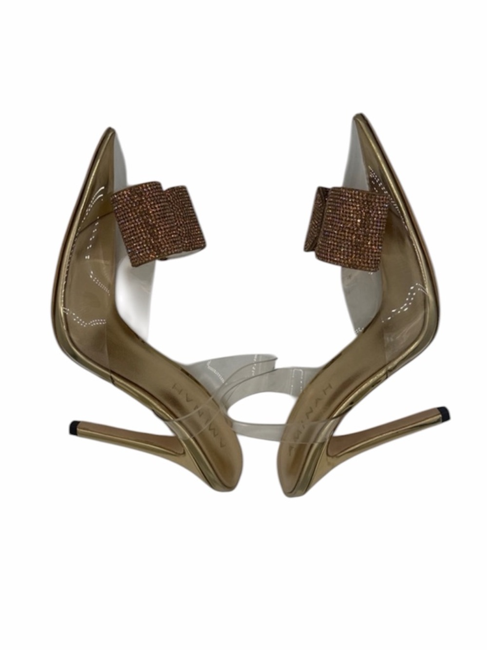New Aminah Abdul Jillil ALORA TUXEDO
CLEAR + GOLD CRYSTAL BOW 4" Heels Size 8 - Picture 7 of 12